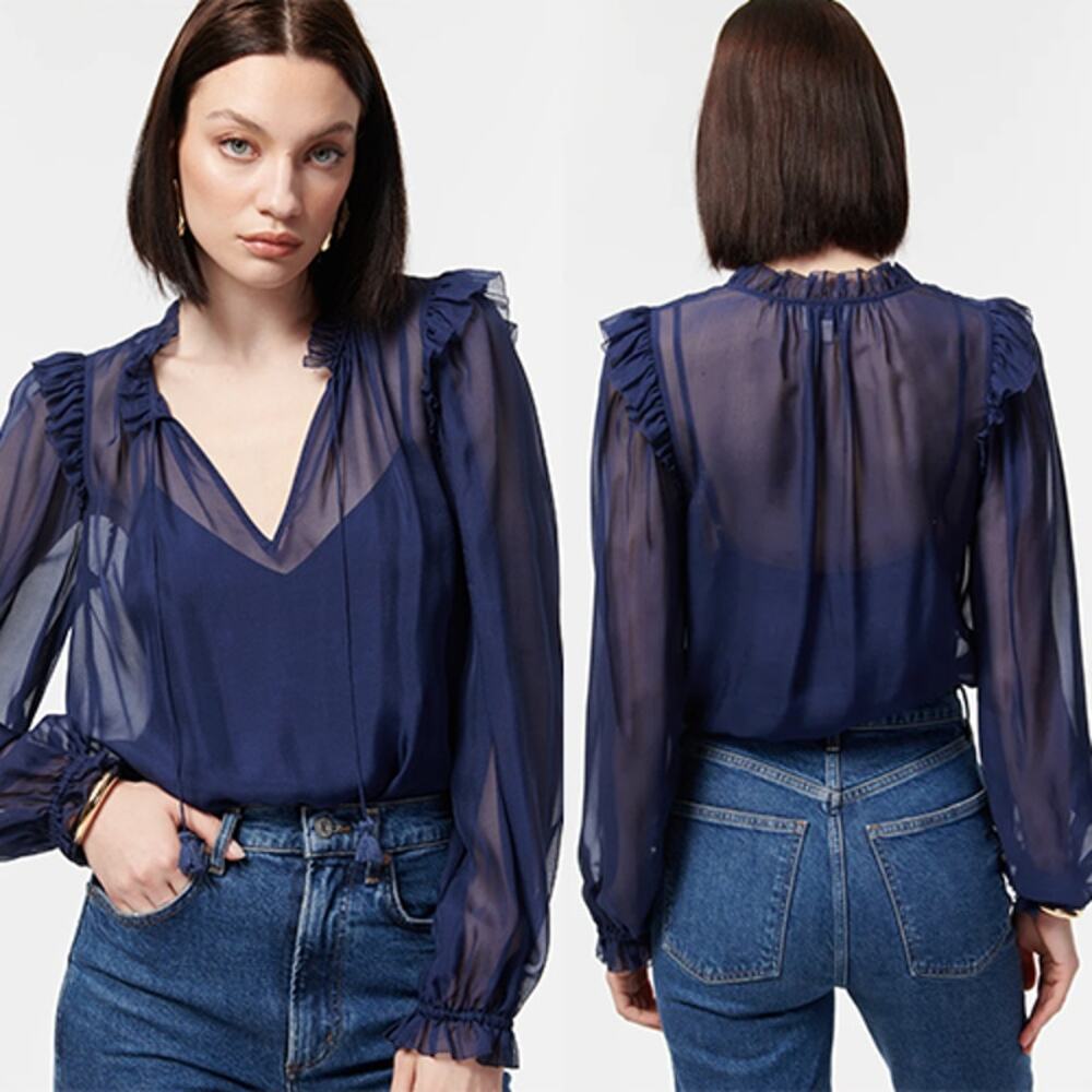 NWT Cami NYC Sheer Chiffon Ruffle Sandy Storm Navy Blue Sheer Blouse Top
